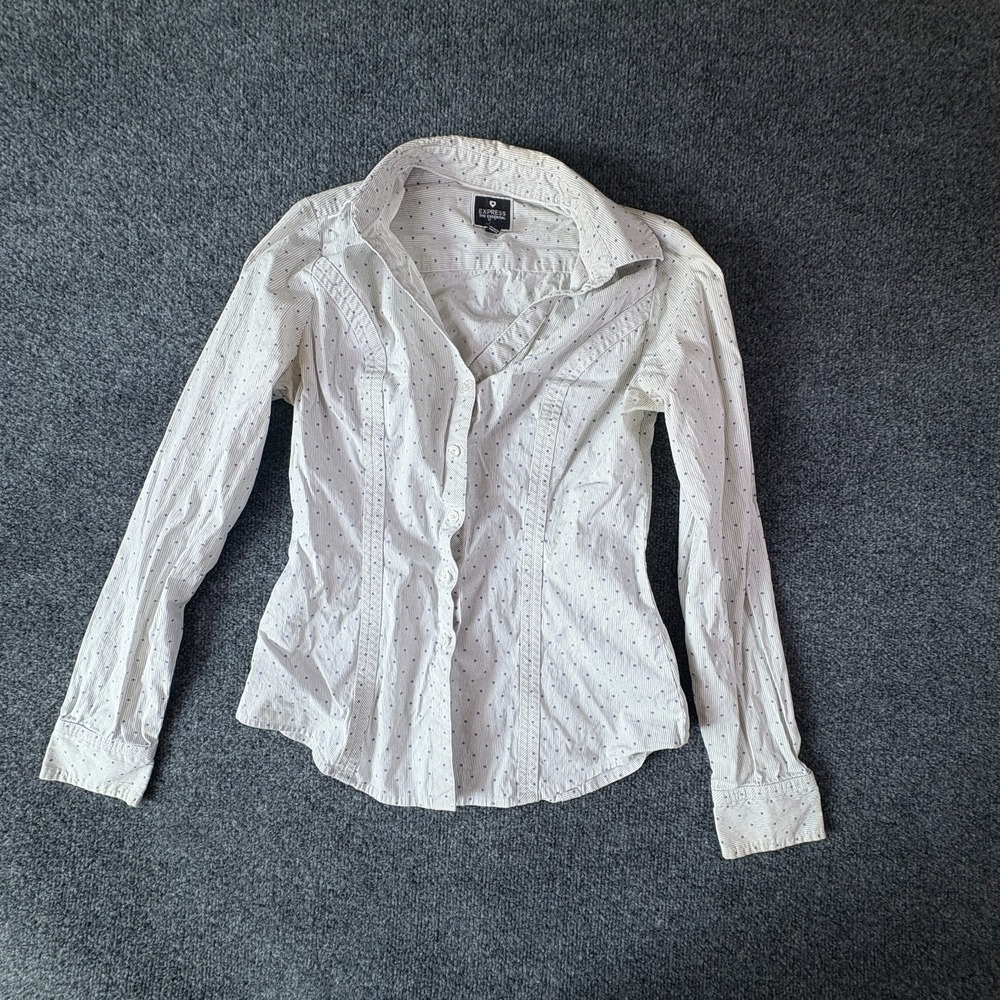 Express The Essential‎ Shirt Womens XS White Striped & Dotted Cotton Button Up
